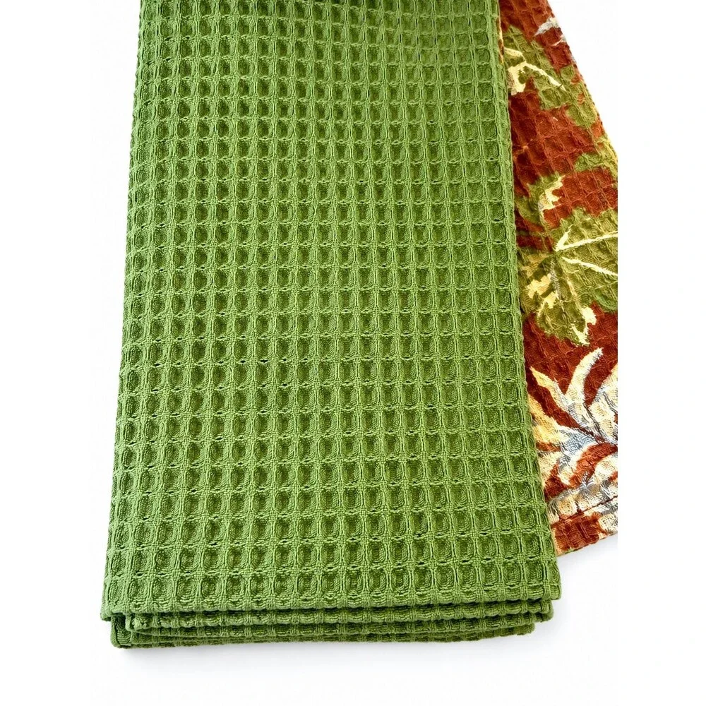 April Cornell Antoinette Dish Towels Set of 3 Brown Green Floral Waffle Weave
